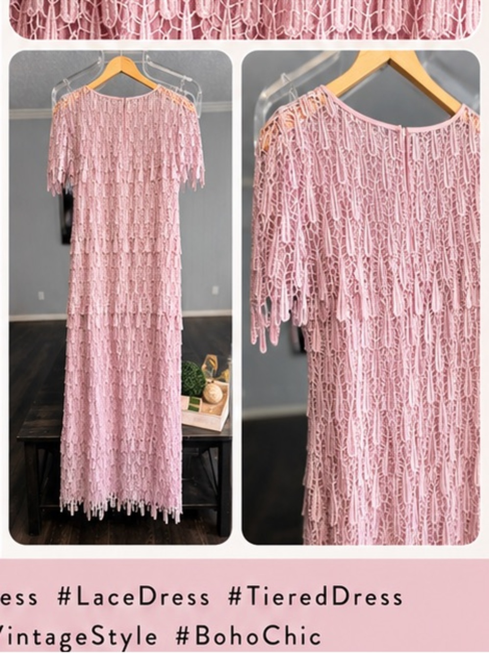 Vintage Pink Tiered Fringe Lace Maxi Dress Women’s Size 8